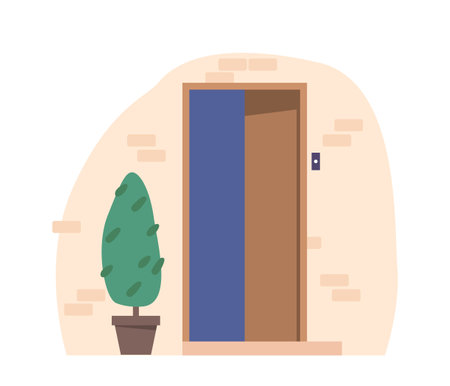 Open House Doorway, Building Facade On White Background. Spacious Door With An Inviting Look Cartoon Vector Illustrationのイラスト素材