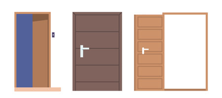 Open and Closed Home Doors Isolated on White Background. House Entrance, Facade or Interior Decorative Elementsのイラスト素材