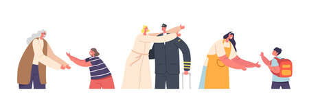 People Returning at Home. Mother Meet Little School Boy, Pilot with Luggage Hugging Wife, Grandmother and Grandchildのイラスト素材