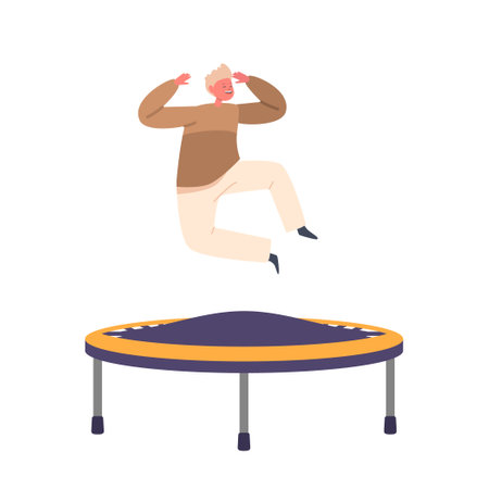 Young Child Enthusiastically Jumping On Trampoline With Big Smile On Face. Advertising Of Family-friendly Entertainmentのイラスト素材