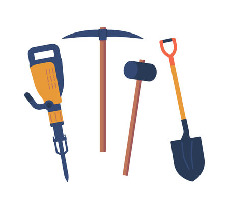 Coal Miner Equipment Such As Drilling Hammer, Sledgehammer Pickaxe and Shovel Isolated on White Backgroundのイラスト素材