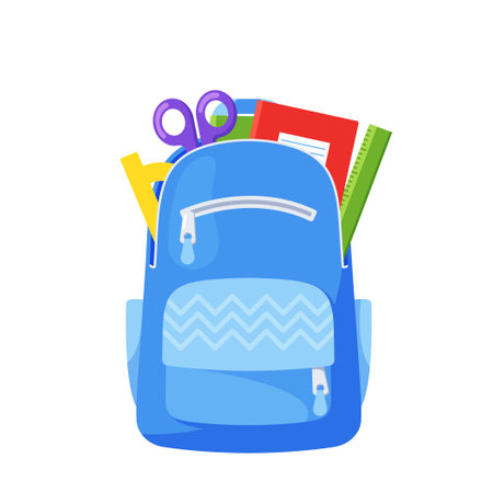 Blue School Bag Complete Stationery, Notebooks, Ruler and Scissors Isolated on White Background Vector Illustrationのイラスト素材
