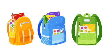 Set Of Durable And Trendy School Bags With Different Features Such As Padded Straps, Reflective Stripsのイラスト素材