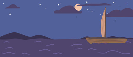 Wooden Boat With Sails Float At Night Ocean Under Starry Sky With Shining Full Moon Above Sea With Rocksのイラスト素材