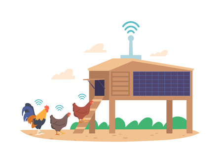 Chicken With Wifi On Smart Farm. Advanced Technology With Real-time Monitoring Of Environmental Conditionsのイラスト素材