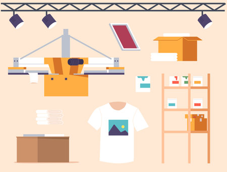 Set of Icons with Silk Screen Printing Studio Equipment, Machinery And Tools for Creating Unique Prints, Illustrationのイラスト素材