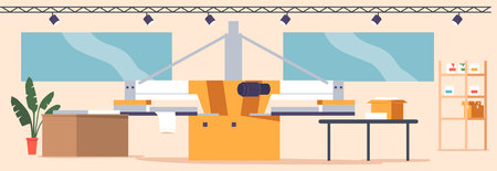 Silk Screen Printing Studio Interior With Range Of Machinery And Tools for Creating Unique Prints For Art Loversのイラスト素材