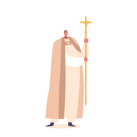 Bishop Character in Official Attire Stand With Cross In Hands, Blessing The Congregation. Pope with Symbol Of Faithのイラスト素材