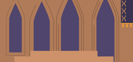 Empty Medieval Palace Hall With Arches Portrays A Deserted Space With Grand Architecture, Highlighting The Gloryのイラスト素材