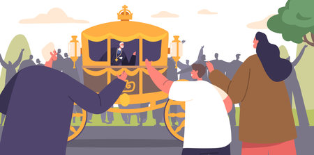 Monarch Rides In A Splendid Carriage, Adorned With Royal Regalia, Through The City Street For A Grand Celebrationのイラスト素材