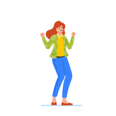 Happy Female Character Show Yes Gesture, Woman Show Positive Emotion, Satisfied Cheerful Girl Excited Feelingsのイラスト素材