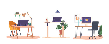 Designer Workplace, Creative And Organized Space, With Large Desk, Multiple Computer Or Digital Tablet Monitorsのイラスト素材