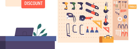 Tool Shop Interior with Cashier Desk and Rows Of Tools Neatly Arranged On Shelf, Creating Sense Of Order And Efficiencyのイラスト素材