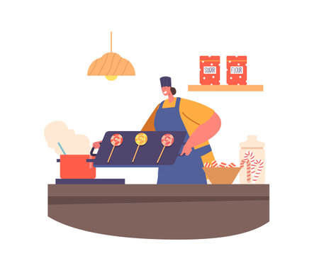 Pastry Chef Female Character Cooking Caramel Lollipops on Kitchen. Woman Makes Delightful Desserts, Vector Illustrationのイラスト素材