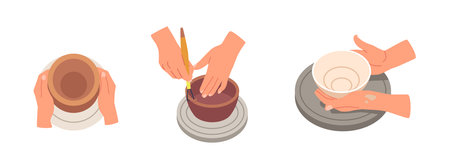 Hands Of Potter Move In A Rhythmic Motion, Creating Stunning, Precision Pieces Of Pottery, Shaping The Clayのイラスト素材