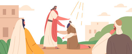 Jesus Heals Male Character Standing on Knees, Performing Miracles Of Physical And Spiritual Healing, Vector Illustrationのイラスト素材