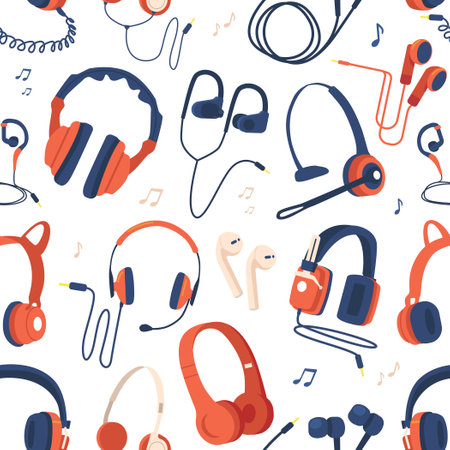 Headphones Seamless Pattern Featuring Different Styles And Types Of Headphones and Music Notes, Trendy Backgroundのイラスト素材