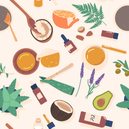 Natural Oil Making Pattern, Seamless Design With Olive Branches, Almonds, Coconut, Lavender, And Other Elementsのイラスト素材