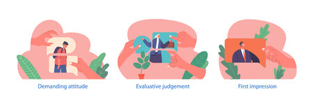 Demanding Attitude, Evaluate Judgment, First Impression Concepts. Characters Sharing Negative or Positive Commentsのイラスト素材