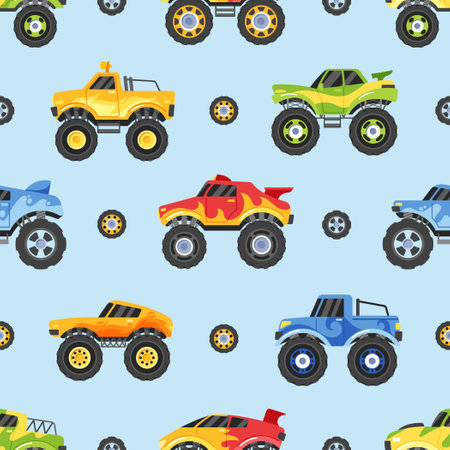 Monster Truck Seamless Pattern Featuring Various Vehicles In Bold Colors And Patterns. Tiled Background For Childrenのイラスト素材