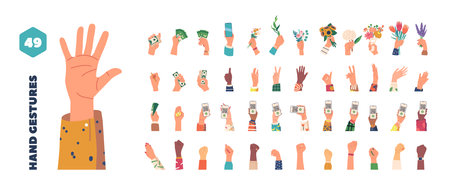 Big Set of Human Hands Holding Money, Smartphone, Flowers, Showing Qr Code, Gesturing, Writing Icons Collectionのイラスト素材
