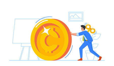 Clockwork Toy Business Employee Character Rolling Huge Golden Coin, Representing The Desire For Wealth And Successのイラスト素材