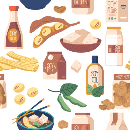Seamless Pattern Featuring Soy Products Such As Tofu, Soy Sauce, Milk, Flour And Edamame In A Repeating Designのイラスト素材
