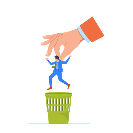 Heartless Business Concept Huge Boss Hand Throwing Staff Male Character In The Trash, Reducing Personnel With No Regardのイラスト素材