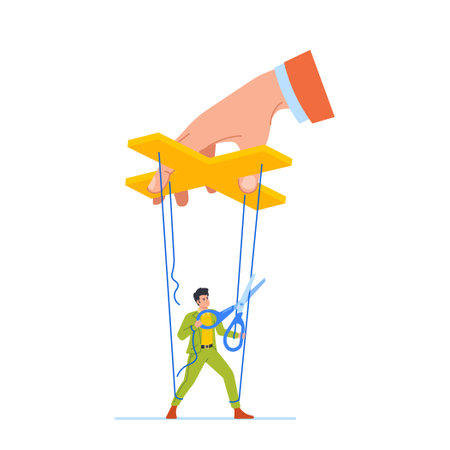 Marionette Employee Male Character Deftly Cuts Ropes, Freeing From Strings, Symbolizing Independence And Freedomのイラスト素材