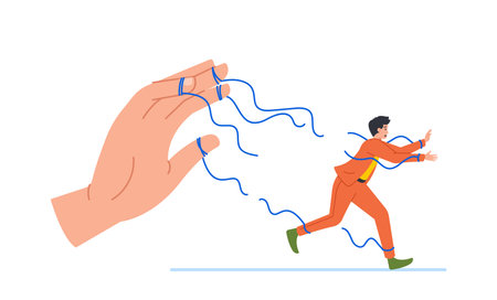 Puppet Employee Male Character Fell Off The Ropes That Broke On The Huge Arm Of The Manipulator, Vector Illustrationのイラスト素材