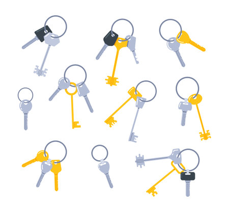 Bunch Of Keys, Assorted Set Of Metal Objects Used For Locking And Unlocking Doors And Other Enclosures. Varied Sizesのイラスト素材