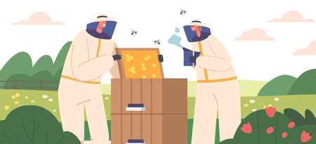 Apiarist Characters in Protective Uniform and Hat Care of Bees Smoking Hive with Honeycombs. Beekeeping Apiaryのイラスト素材