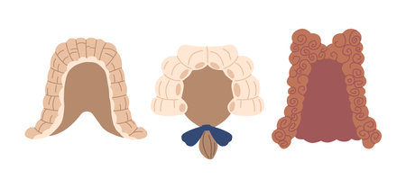 Rococo Wigs, Voluminous Male Hairstyles Adorned With Bows Or Curls. Popular In The 18th Century, Vector Illustrationのイラスト素材