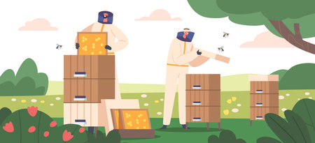 Apiculture, Honey Production, Beekeeping Concept with Beekeeper Characters in Protective Suits Care of Bees Taking Frameのイラスト素材