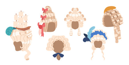 Rococo Wigs Set. Ornate Powdered Male And Female Perukes With Voluminous Curls, Adorned With Ribbonsのイラスト素材