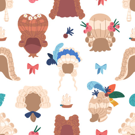Rococo Wigs Pattern, Ornate, Intricate, And Elegant Design Featuring Periwigs Seamlessly Interlocked With Each Otherのイラスト素材