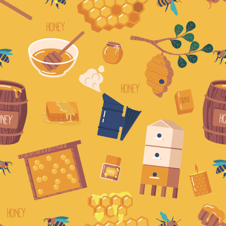 Seamless Pattern With Apiary Items Features Bees, Hives, Frame, Wax And Honeycombs Arranged In A Repeating Designのイラスト素材