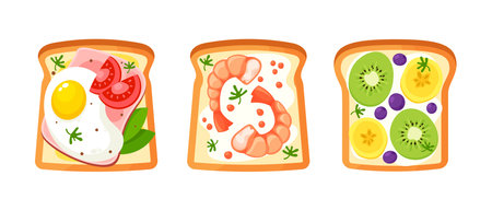 Sandwiches With Different Fillings Eggs, Shrimps, Fruits And Tomatoes, Made With Fresh Ingredients, Quick Meal, Snackのイラスト素材