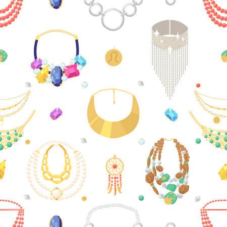 Seamless Necklace Pattern. Elegant And Stylish Design Featuring A Variety Of Necklaces Including Beads, Chains, Pendantsのイラスト素材