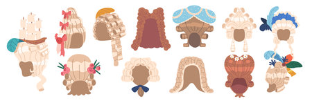 Rococo Wigs Set. Elegant And Ornate Hairpieces With Intricate Curls And Waves, Perfect For Period-themed Eventsのイラスト素材