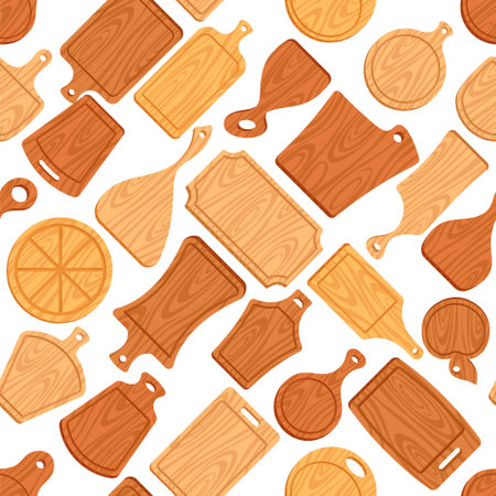 Wooden Cutting Board Seamless Pattern. Tile Background with Natural Wood Texture Tools of Varying Sizes And Shapesのイラスト素材