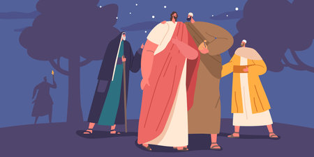 Betrayal By A Trusted Friend, Infamous Act Of Judas Iscariot Kissing Jesus In The Garden Of Gethsemane, Illustrationのイラスト素材