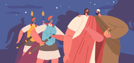 Betrayed With A Kiss, Judas Identified Jesus Character To The Roman Soldiers In The Garden Of Gethsemane, Illustrationのイラスト素材
