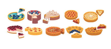 Set of Multiple Pies With One Slice Cut Out To Reveal The Filling Inside. Each Pie Has A Unique And...