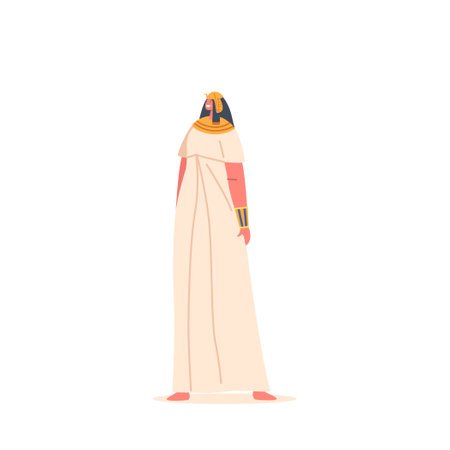 Ancient Egyptian Woman Wear Long Linen Dress, Wig And Jewelry. Makeup, Specifically Black Kohl Around The Eyesのイラスト素材