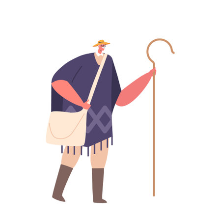 Shepherd Male Character With Staff Is A Pastoral Image Of A Man Who Tends To Sheep And Other Livestockのイラスト素材