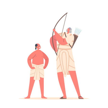 People Of Ancient Egypt Little Boy With Shaved Head Wear Kilt And Archer Warrior Character Holding Bow And Arrowsのイラスト素材