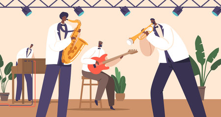 Musician Characters Improvise And Interact On Stage Playing Syncopated Soul Music on Saxophone, Piano, Guitar and Hornのイラスト素材