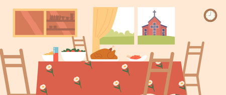 Kitchen Interior with Turkey on Table, Church View From Window. Perfect Setting For A Holiday Feast With Serene Ambianceのイラスト素材
