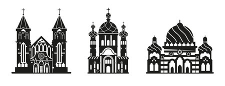 Orthodox And Catholic Church, And Mosque Traditional Religious Architecture Buildings Black And White Iconsのイラスト素材